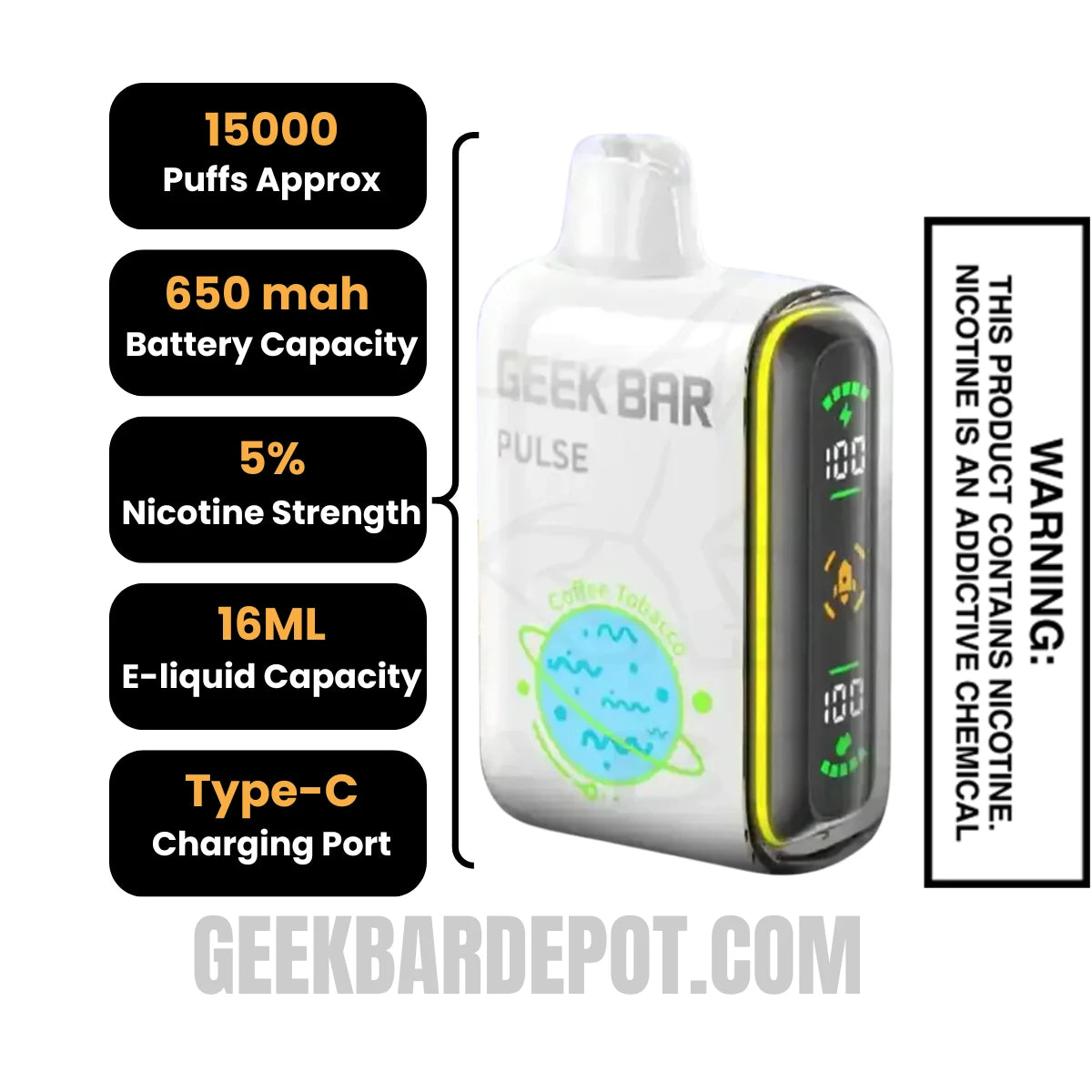 Coffee Tobacco Geek Bar Pulse Disposable Vape Specifications