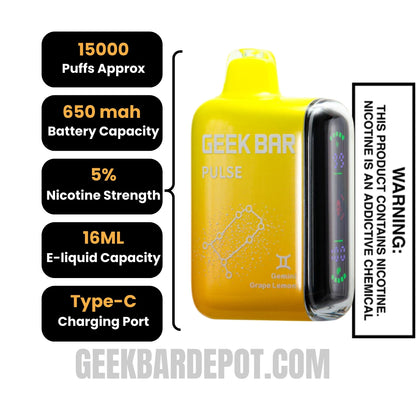 Gemini Grape Lemon Geek Bar Pulse Vape Specification