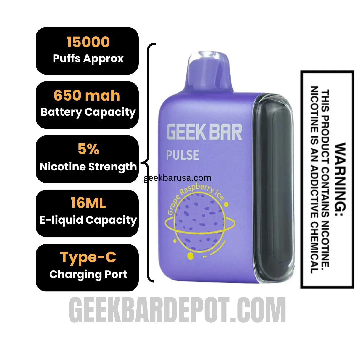 Grape Raspberry Ice Geek Bar Pulse Disposable Vape Specification