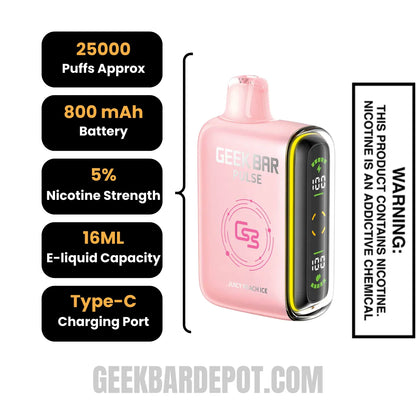 Juicy Peach Ice Geek Bar Pulse 2 Disposable Vape Specifications