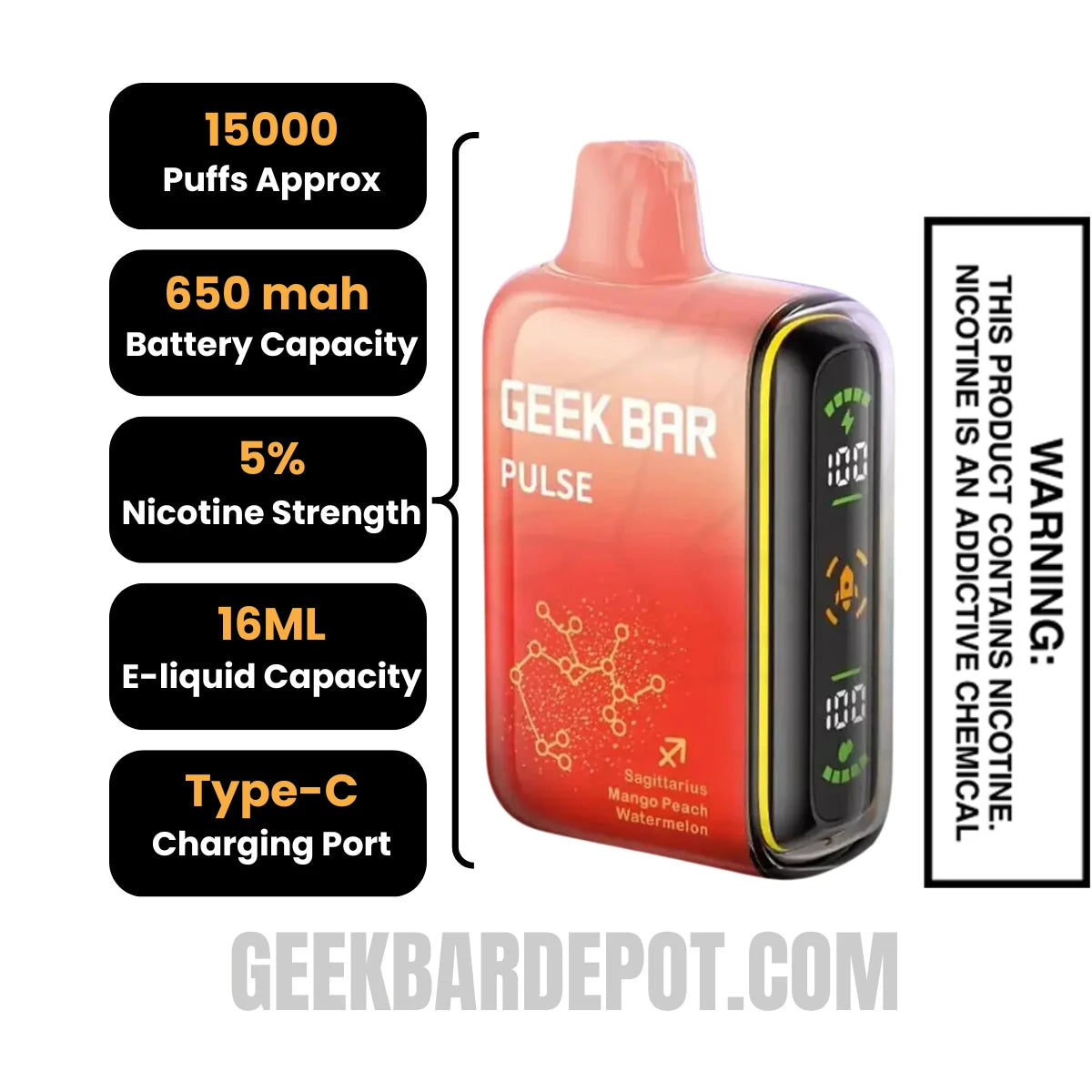 Mango Peach Watermelon Geek Bar Pulse Vape Specification