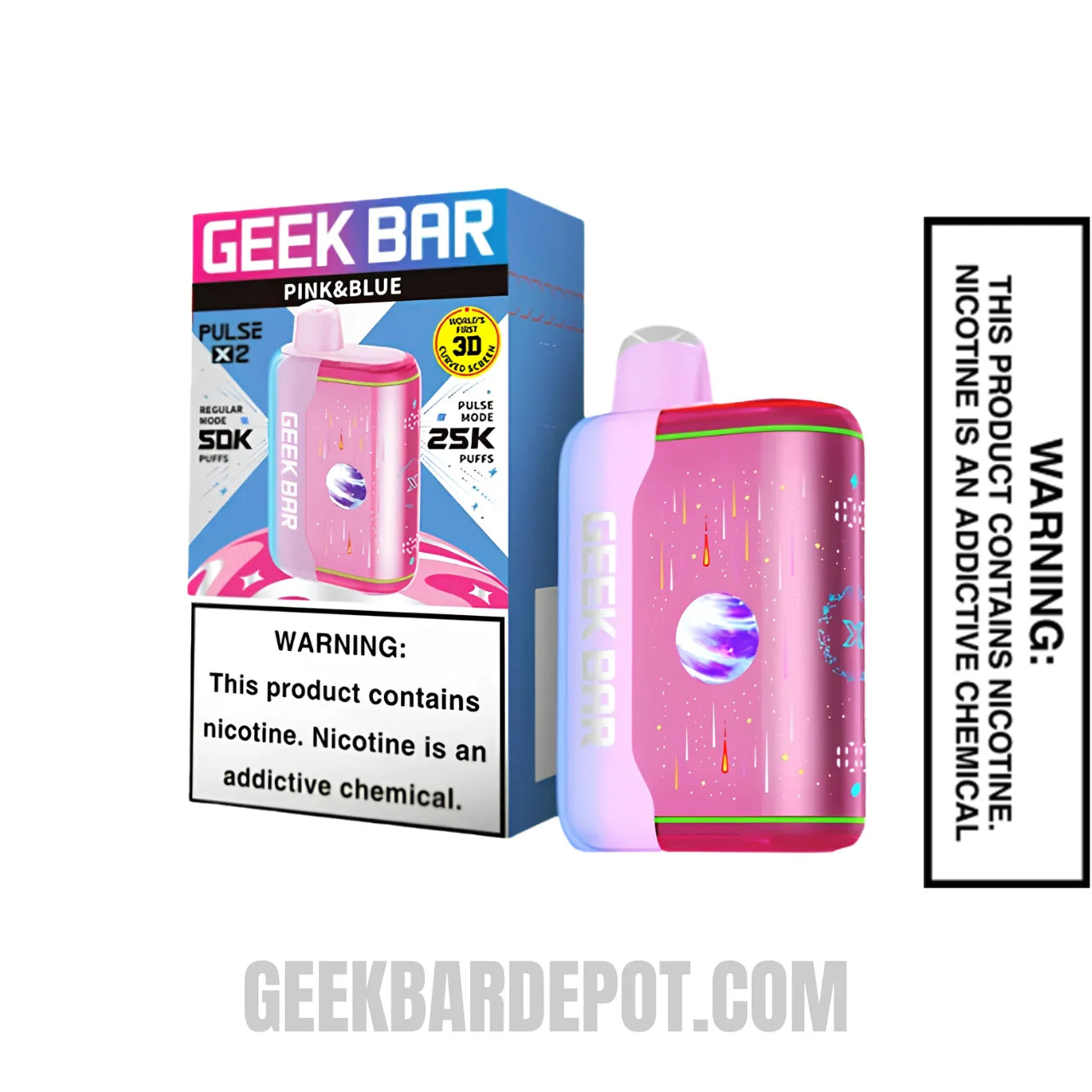 Pink and Blue Geek Bar Pulse X2 Disposable Vape with Package Box