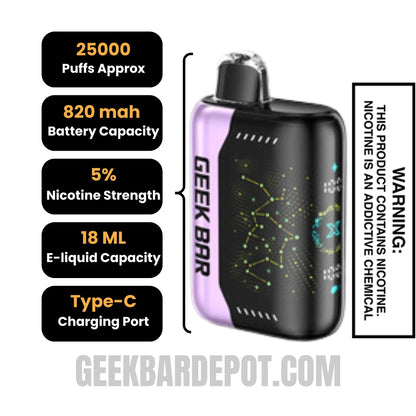 Raspberry Peach Lime Geek Bar Pulse X Disposable Vape Specifications