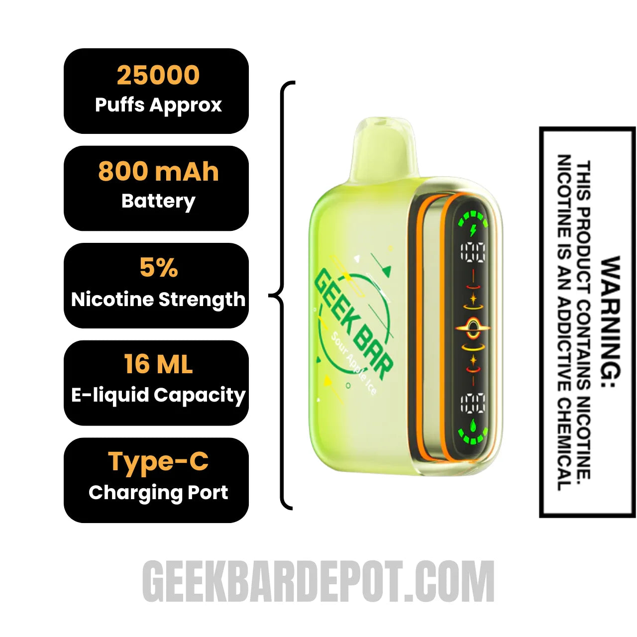 Sour Apple Ice Geek Bar Pulse 2 Disposable Vape Specifications