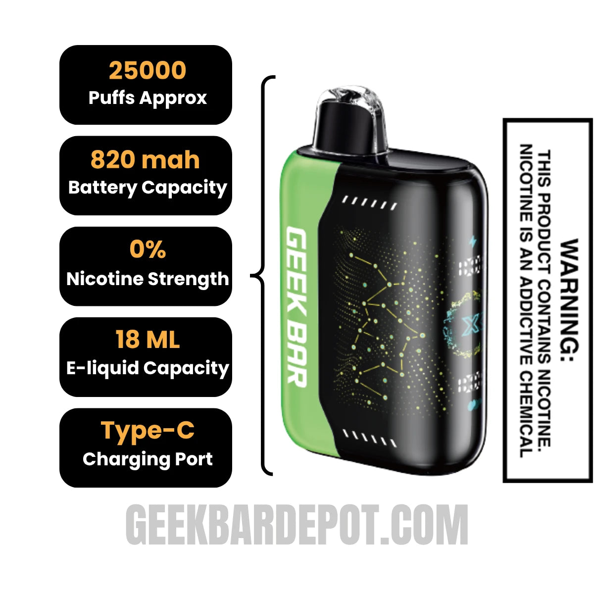 Sour Apple Ice Geek Bar Pulse X Zero Nicotine Disposable Vape Specifications