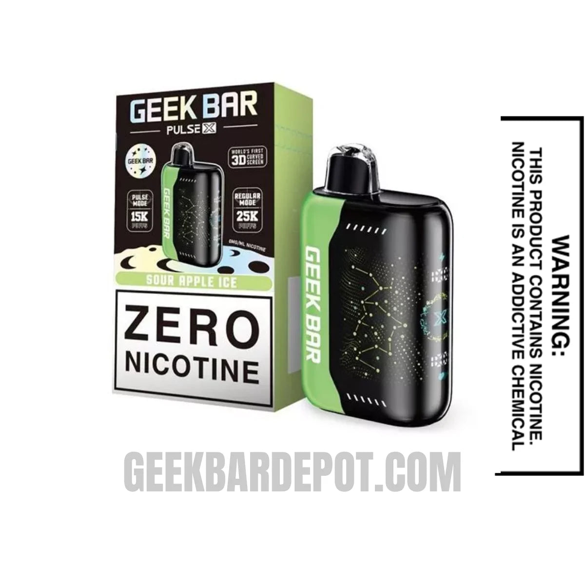 Sour Apple Ice Geek Bar Pulse X Zero Nicotine Disposable Vape With Package Box