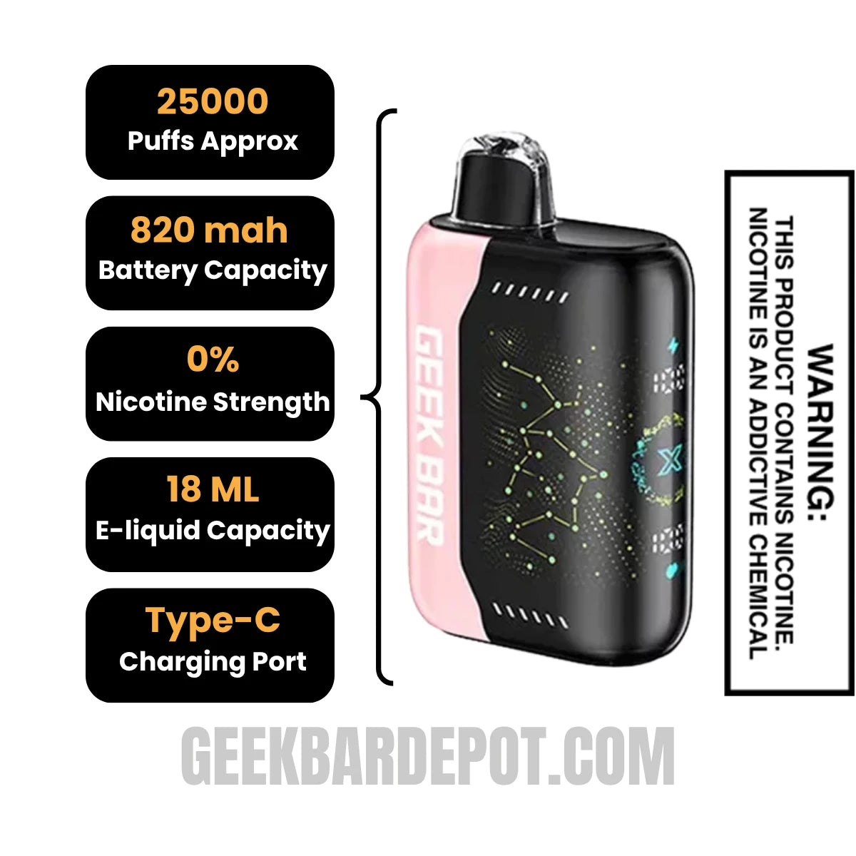 Strawberry B-Pop Geek Bar Pulse Zero Nicotine Disposable Vape Specifications