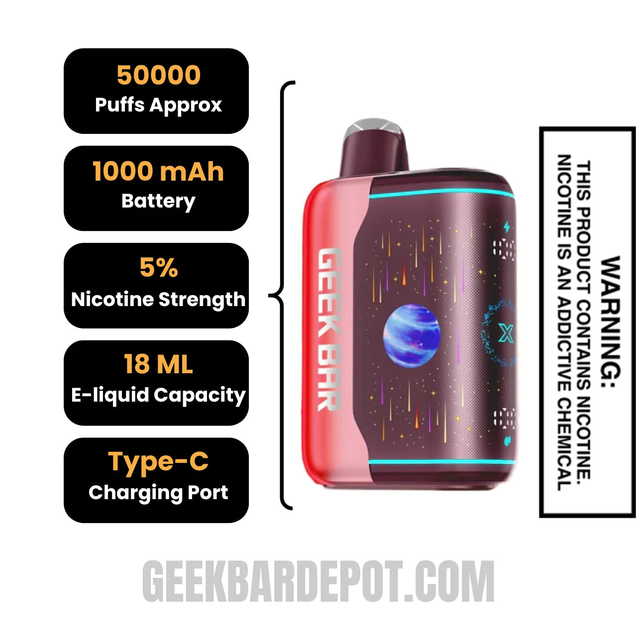 Strawberry Bull Geek Bar Pulse X2 Disposable Vape Specifications