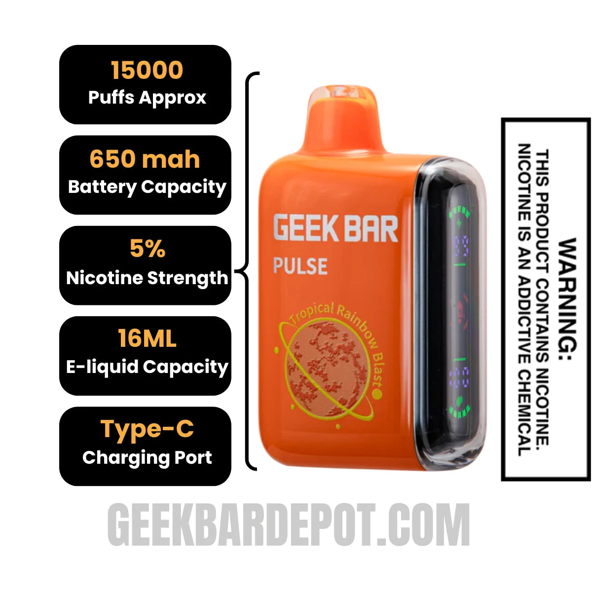 Tropical Rainbow Blast Geek Bar Pulse Disposable Vape Specification 