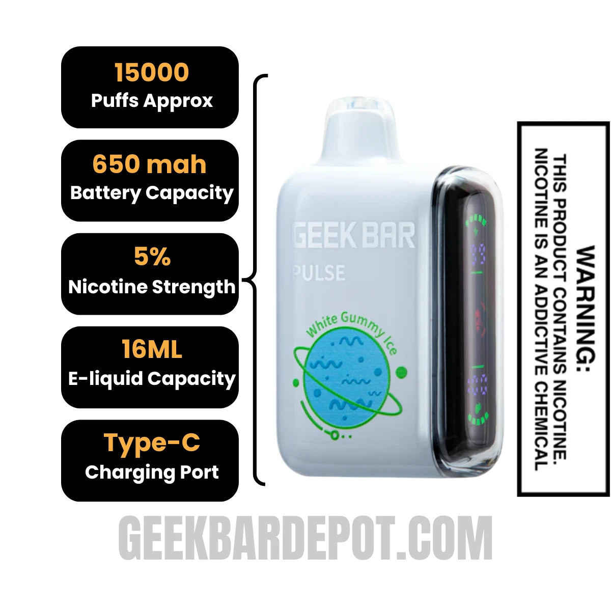 White Gummy Ice Geek Bar Pulse Disposable Vape Specification