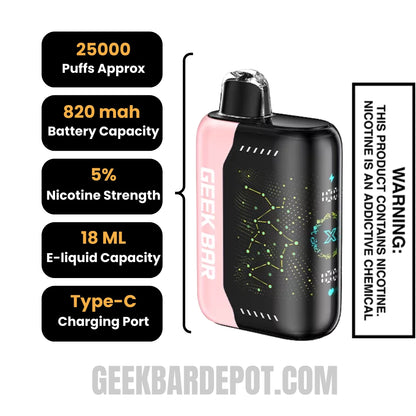 White Peach Raspberry Geek Bar Pulse X 25K Disposable Vape Specifications