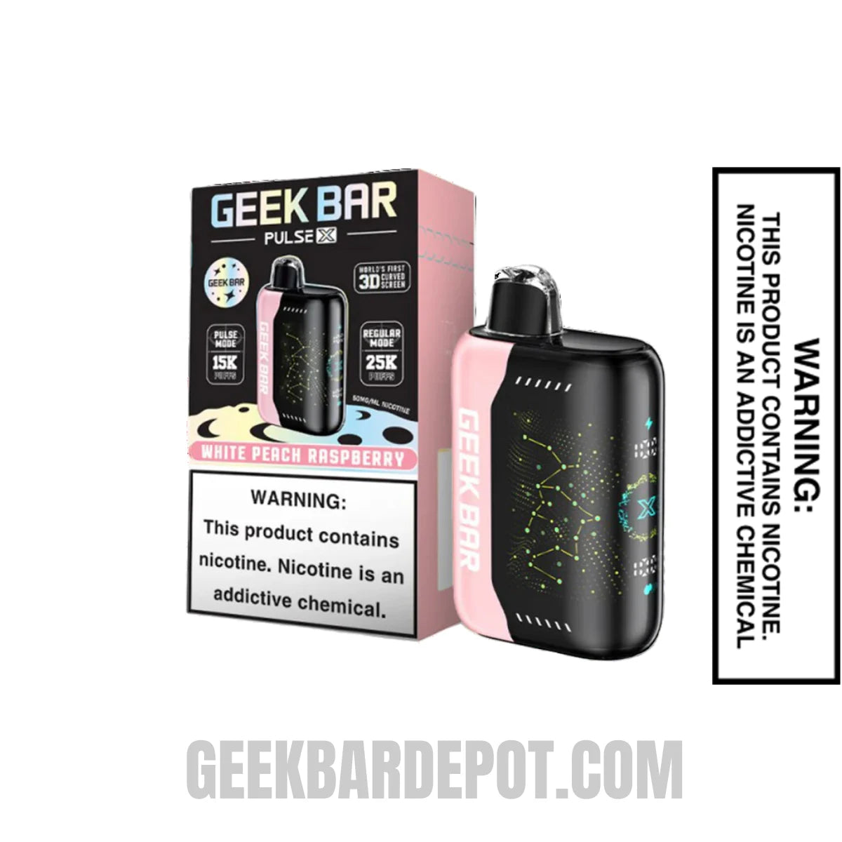 White Peach Raspberry Geek Bar Pulse X 25K Disposable Vape With Package Box